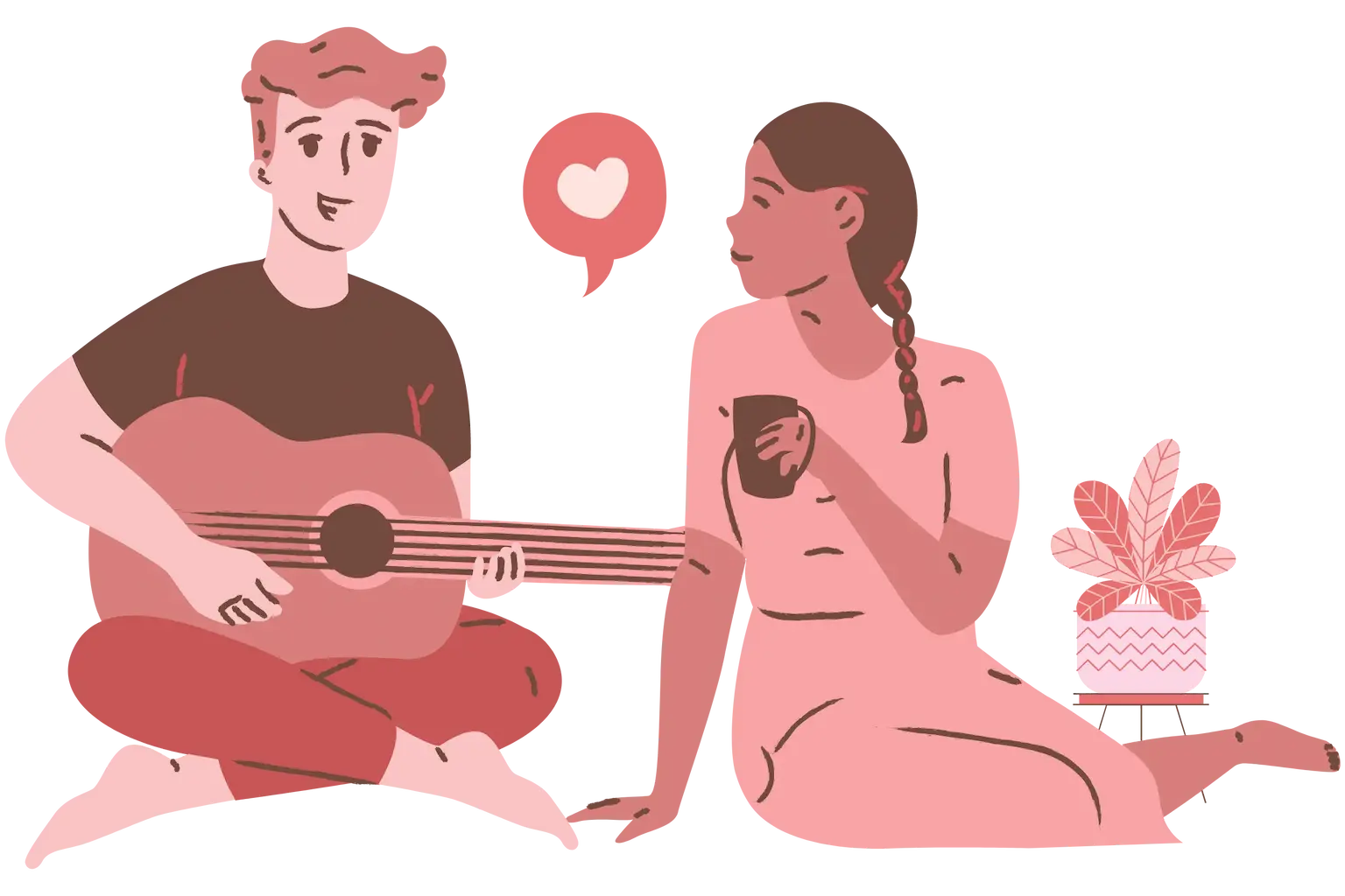 image of a guy playing guitar and girl sipping coffee, listening to him